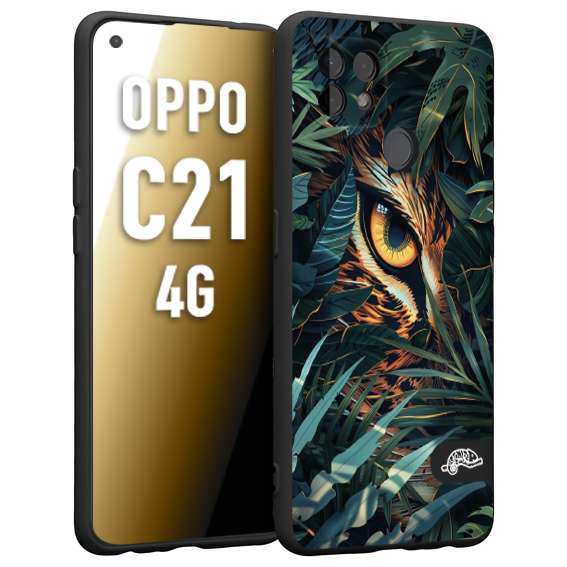 CUSTOMIZZA - Custodia cover nera morbida in tpu compatibile per Realme C21 4G animali color giungla tropicale occhio di giaguaro felino disegnato