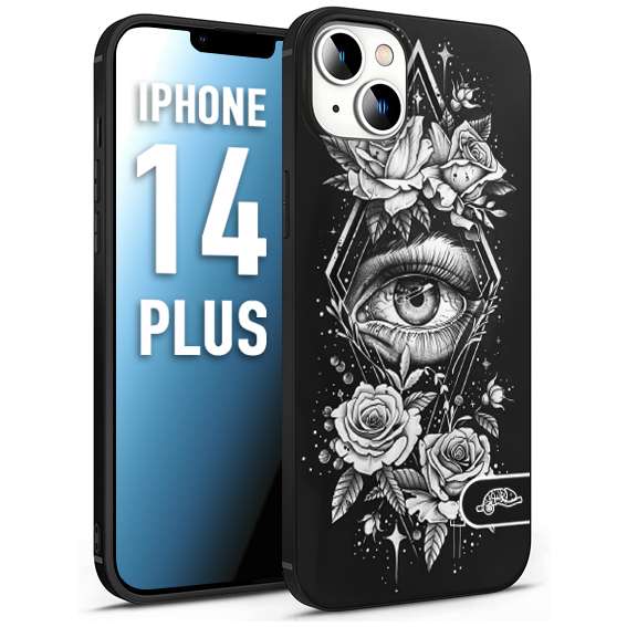 CUSTOMIZZA - Custodia cover nera morbida in tpu compatibile per iPhone 14 PLUS occhio fiori rombo geometrico black and white bianco a rilievo disegnato tattoo tatuaggio