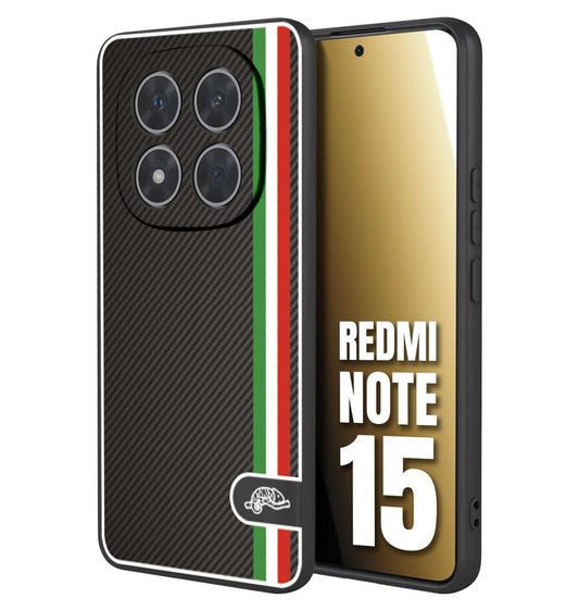 CUSTOMIZZA - Custodia cover nera morbida in tpu compatibile per Xiaomi Redmi Note 15 effetto fibra di carbonio bandiera Italia made in Italy