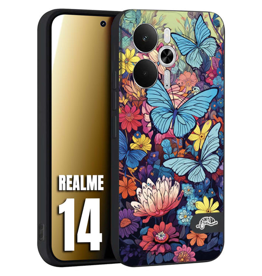 CUSTOMIZZA - Custodia cover nera morbida in tpu compatibile per Realme 14 5G farfalle butterfly moderno donna disegnate gialla blu rosa