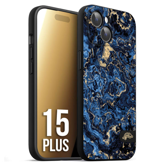 CUSTOMIZZA - Custodia cover nera morbida in tpu compatibile per iPhone 15 PLUS effetto marmo marble blu venature dorato psichedelico