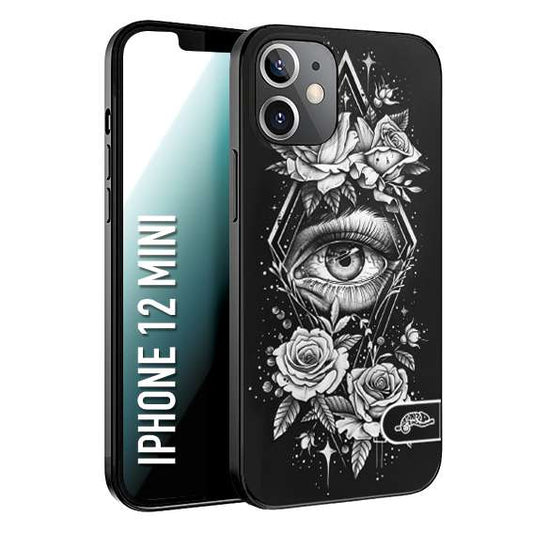 CUSTOMIZZA - Custodia cover nera morbida in tpu compatibile per iPhone 12 MINI occhio fiori rombo geometrico black and white bianco a rilievo disegnato tattoo tatuaggio
