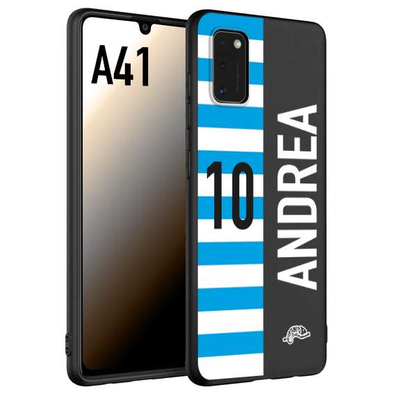 CUSTOMIZZA - Custodia cover nera morbida in tpu compatibile per Samsung A41 personalizzata calcio football nome e numero calciatori biancazzurri