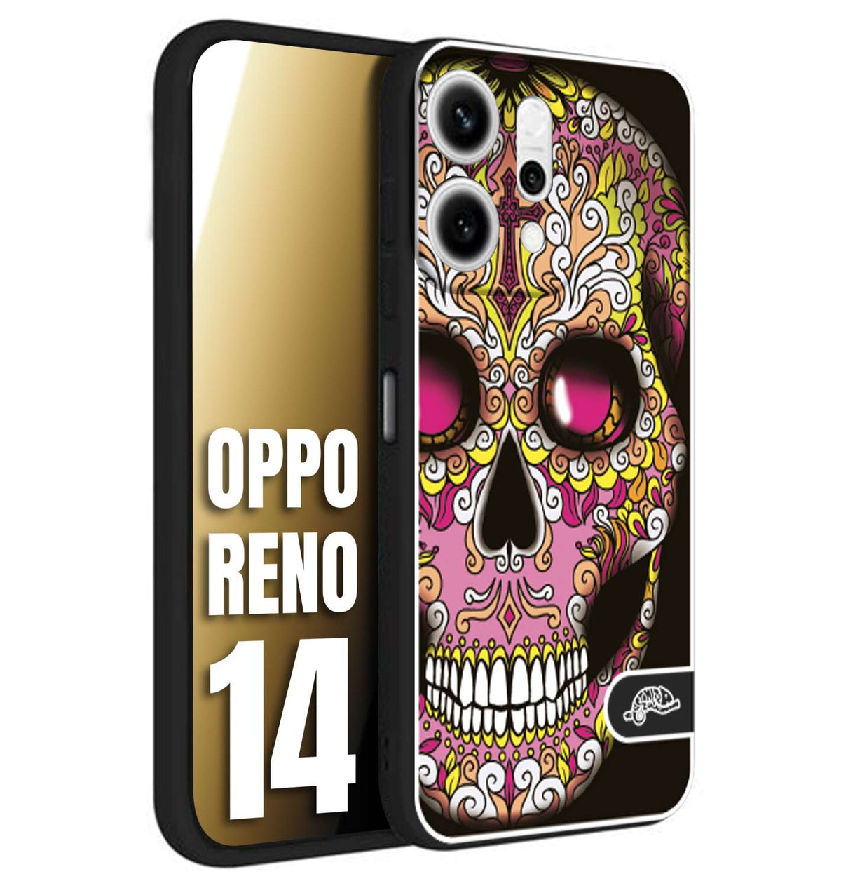 CUSTOMIZZA - Custodia cover nera morbida in tpu compatibile per Oppo Reno 14 teschio messicano Mexican skull rosa gialla