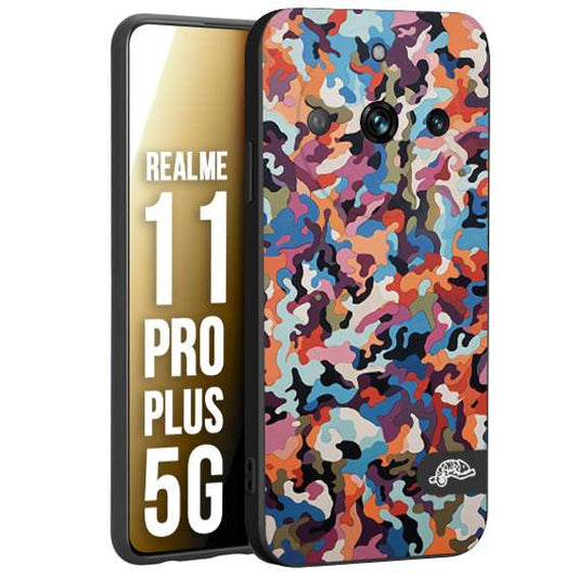 CUSTOMIZZA - Custodia cover nera morbida in tpu compatibile per Realme 11 PRO PLUS 5G camouflage mimetico militare moderno blu arancio rosa