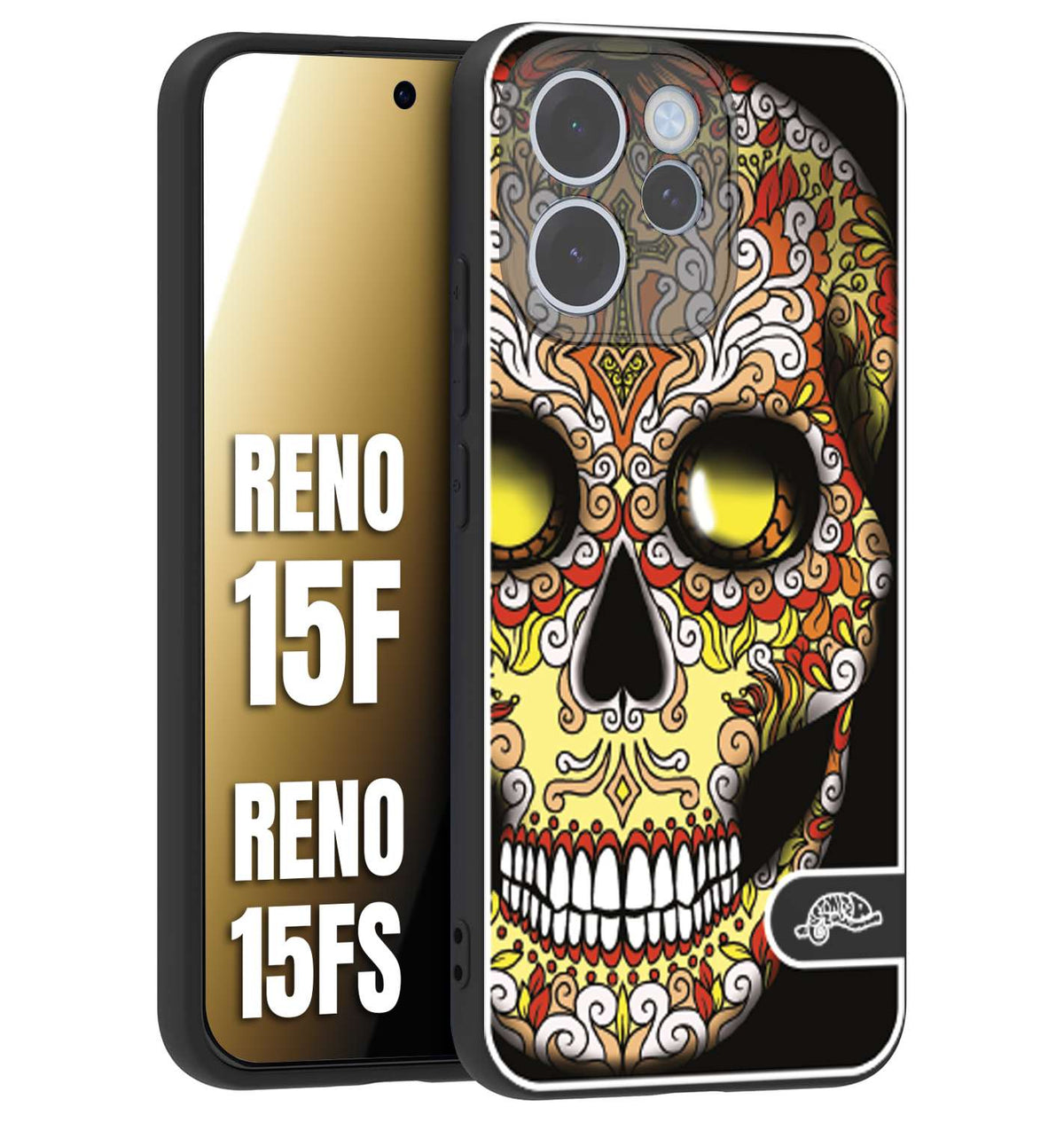 CUSTOMIZZA - Custodia cover nera morbida in tpu compatibile per Oppo Reno 15 F - Reno 15 FS teschio messicano Mexican skull giallo rosso arancio