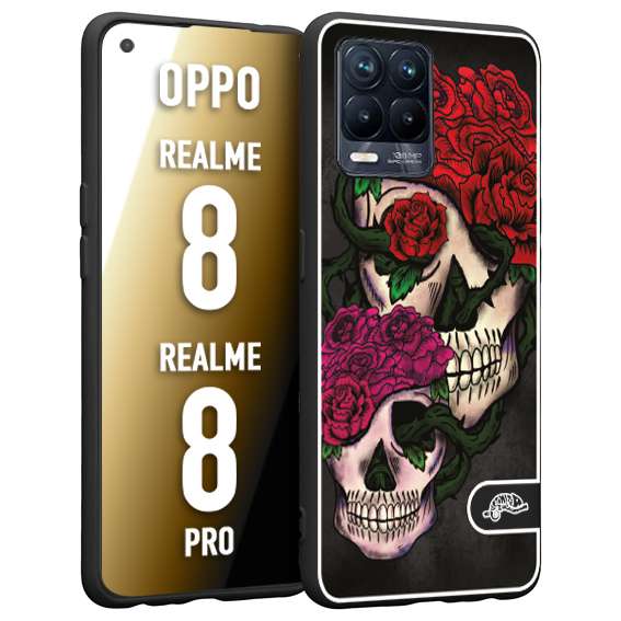 CUSTOMIZZA - Custodia cover nera morbida in tpu compatibile per Oppo Realme 8 - 8 PRO teschi e rose rosse fucsia skull and roses