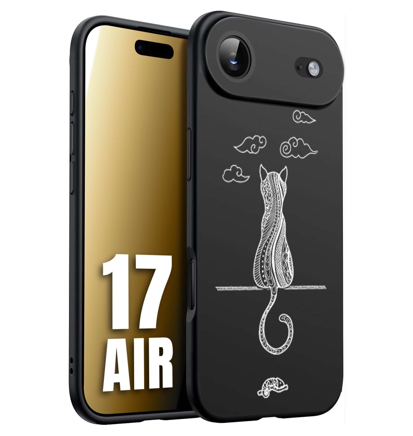 CUSTOMIZZA - Custodia cover nera morbida in tpu compatibile per iPhone 17 AIR gatto mandala stilizzato gattino a rilievo soft touch donna bianca