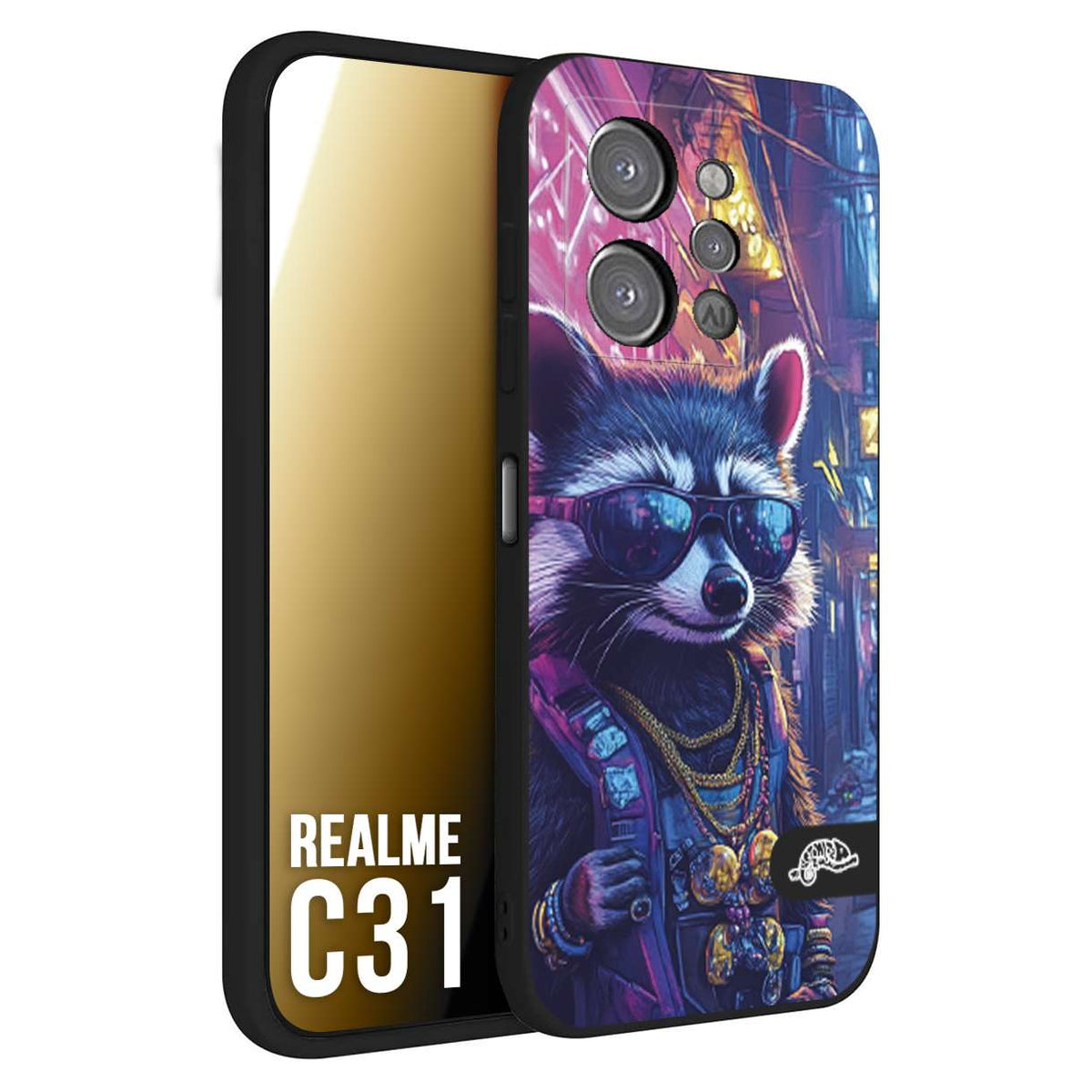 CUSTOMIZZA - Custodia cover nera morbida in tpu compatibile per Realme C31 animali simpatici cyberpunk procione racoon street cat fucsia blu giallo