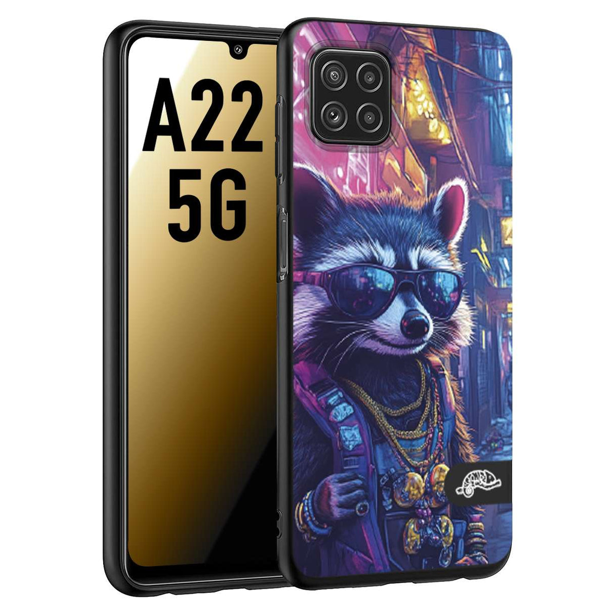 CUSTOMIZZA - Custodia cover nera morbida in tpu compatibile per Samsung A22 5G animali simpatici cyberpunk procione racoon street cat fucsia blu giallo