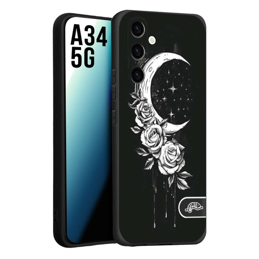 CUSTOMIZZA - Custodia cover nera morbida in tpu compatibile per Samsung A34 5G luna e fiori moon flowers black and white bianco a rilievo disegnato