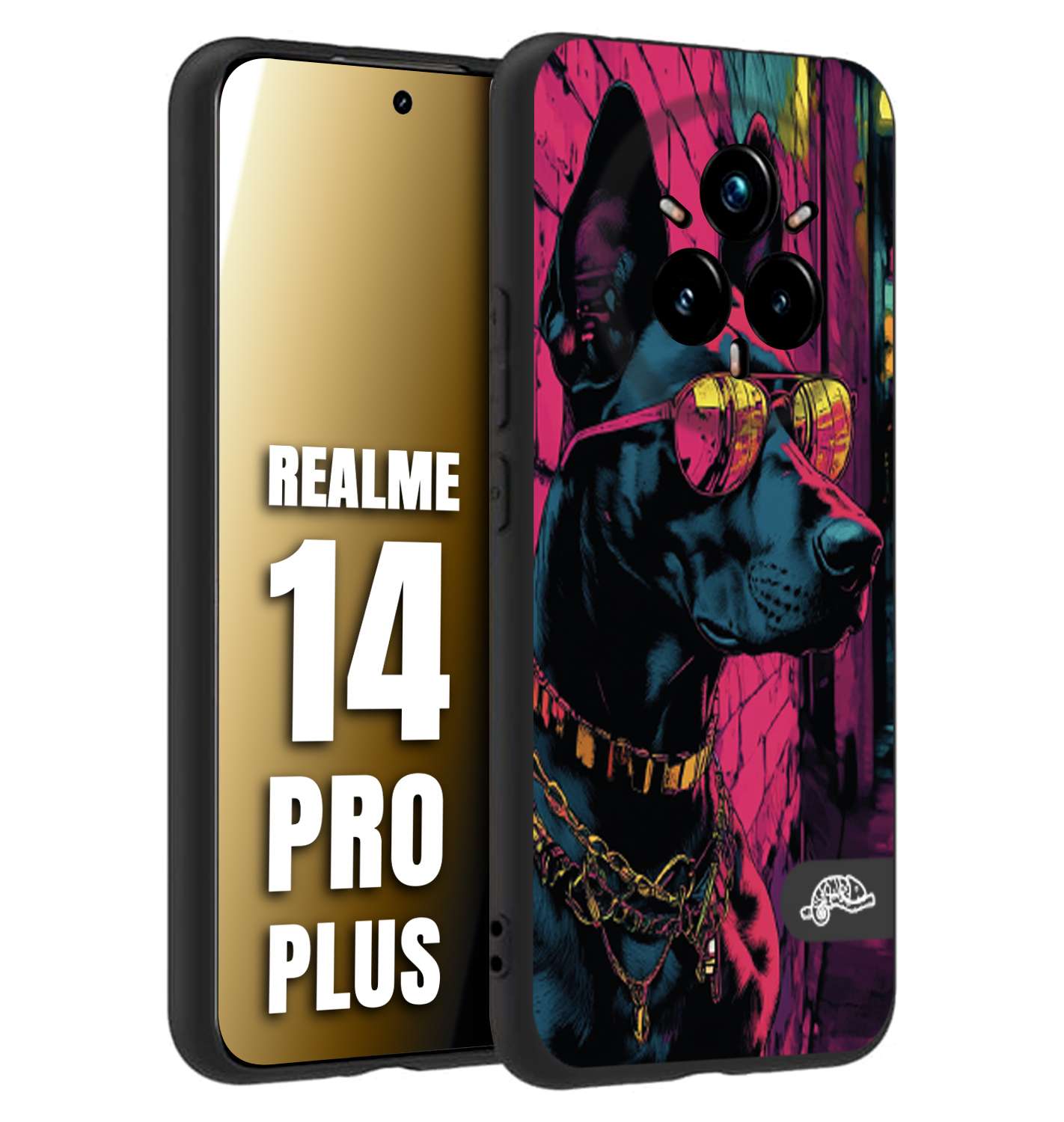 CUSTOMIZZA - Custodia cover nera morbida in tpu compatibile per Realme 14 PRO PLUS animali cyberpunk dobermann cane street dog fucsia blu