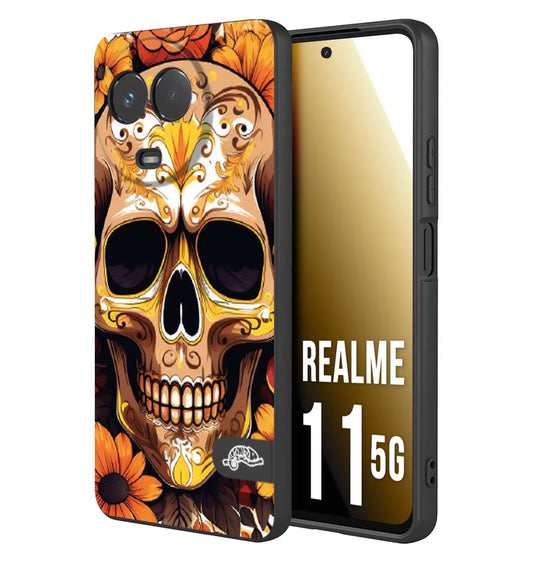 CUSTOMIZZA - Custodia cover nera morbida in tpu compatibile per Oppo Realme 11 5G teschio messicano colorato dorato fiori tattoo disegnato