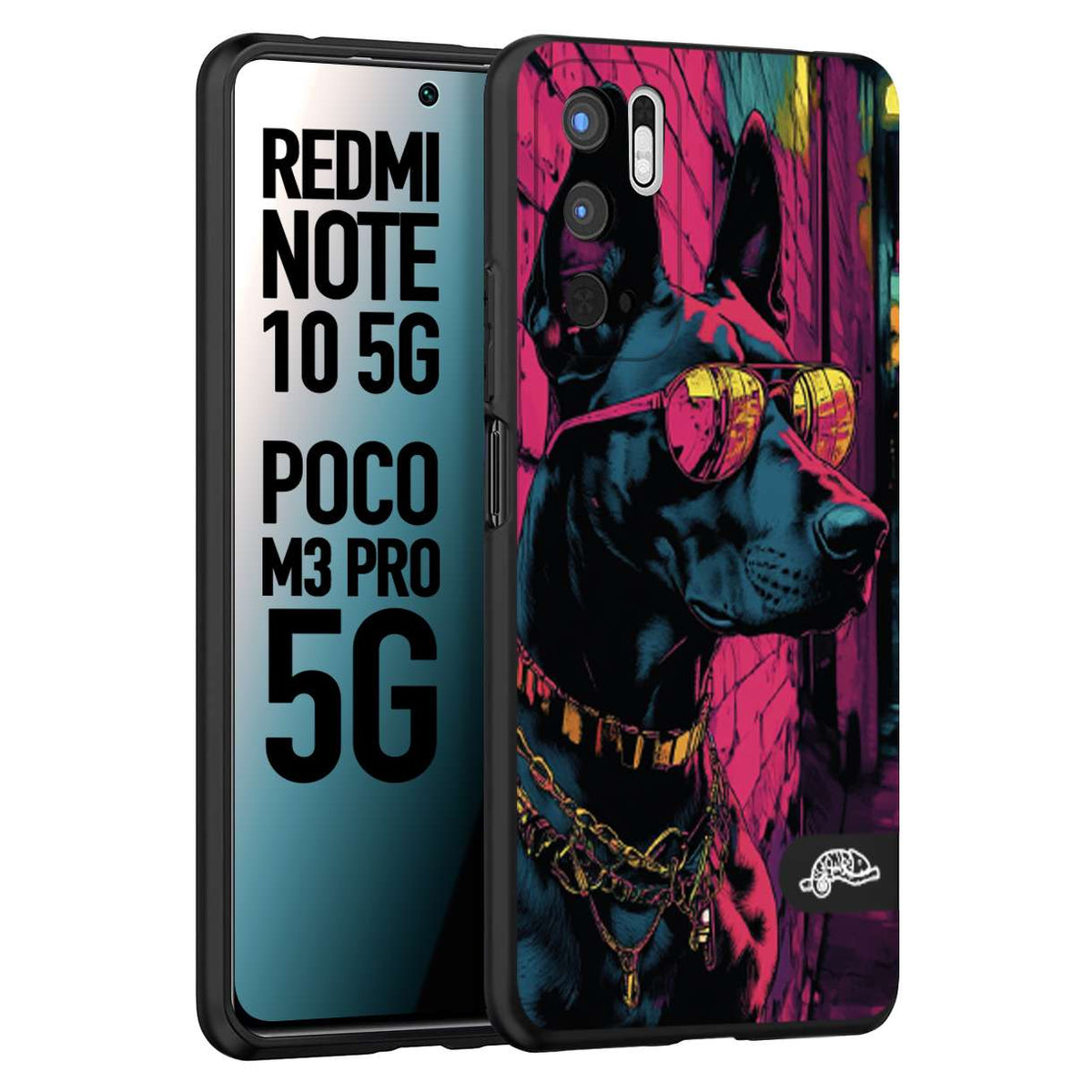 CUSTOMIZZA - Custodia cover nera morbida in tpu compatibile per Xiaomi Redmi Note 10 5G - Poco M3 Pro 5G animali cyberpunk dobermann cane street dog fucsia blu