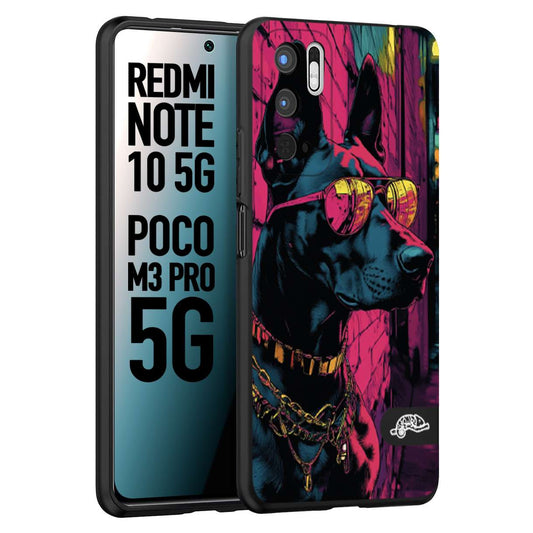 CUSTOMIZZA - Custodia cover nera morbida in tpu compatibile per Xiaomi Redmi Note 10 5G - Poco M3 Pro 5G animali cyberpunk dobermann cane street dog fucsia blu