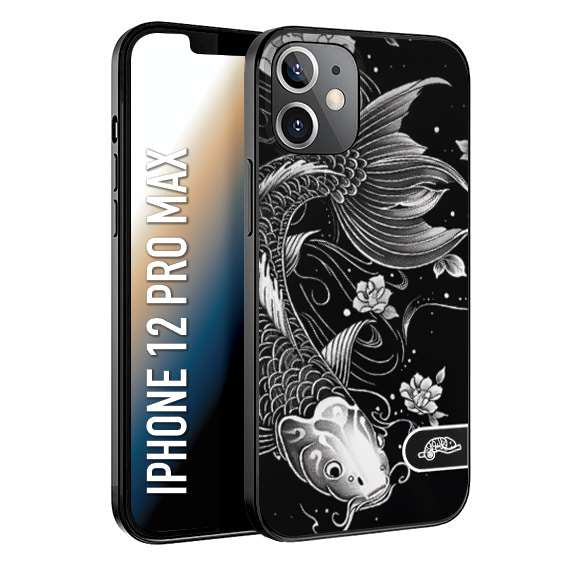 CUSTOMIZZA - Custodia cover nera morbida in tpu compatibile per iPhone 12 PRO MAX carpa koi black and white bianco a rilievo disegnato tattoo tatuaggio