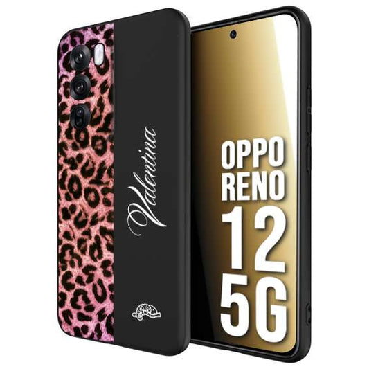 CUSTOMIZZA - Custodia cover nera morbida in tpu compatibile per Oppo Reno 12 5G leopardato rosa fucsia personalizzata nome iniziali