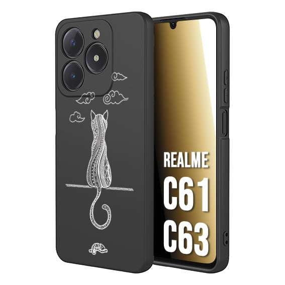 CUSTOMIZZA - Custodia cover nera morbida in tpu compatibile per Realme C61 - C63 gatto mandala stilizzato gattino a rilievo soft touch donna bianca