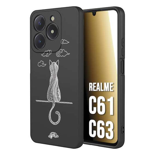 CUSTOMIZZA - Custodia cover nera morbida in tpu compatibile per Realme C61 - C63 gatto mandala stilizzato gattino a rilievo soft touch donna bianca