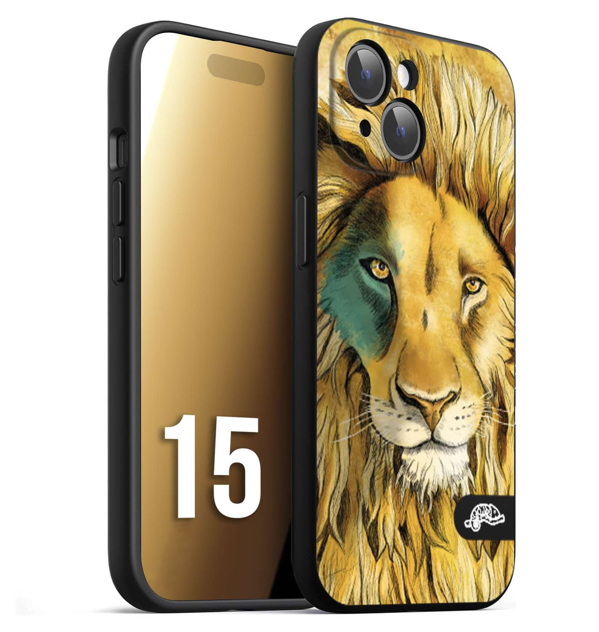 CUSTOMIZZA - Custodia cover nera morbida in tpu compatibile per iPhone 15 leone lion disegnato a mano giallo blu a rilievo artistico brown