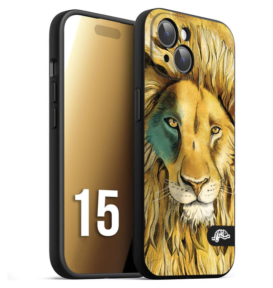 CUSTOMIZZA - Custodia cover nera morbida in tpu compatibile per iPhone 15 leone lion disegnato a mano giallo blu a rilievo artistico brown