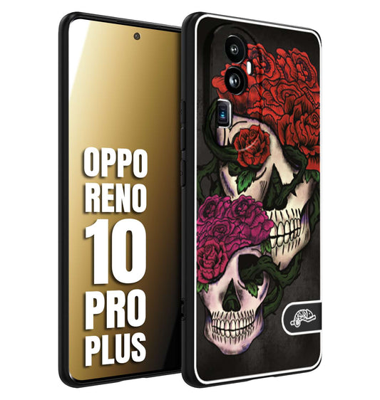 CUSTOMIZZA - Custodia cover nera morbida in tpu compatibile per Oppo Reno 10 PRO PLUS teschi e rose rosse fucsia skull and roses
