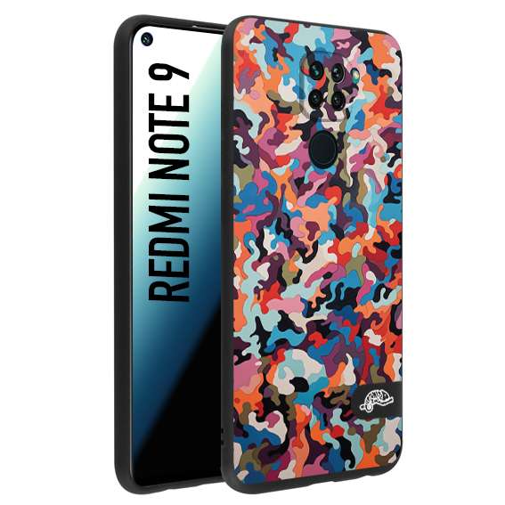 CUSTOMIZZA - Custodia cover nera morbida in tpu compatibile per Xiaomi Redmi Note 9 camouflage mimetico militare moderno blu arancio rosa