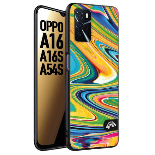 CUSTOMIZZA - Custodia cover nera morbida in tpu compatibile per Oppo A16 - A16S - A54S colorata fantasia vortice marmo arcobaleno gialla verde blu