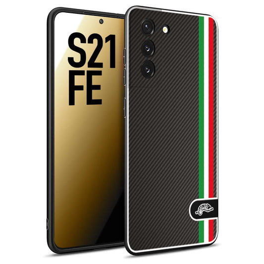 CUSTOMIZZA - Custodia cover nera morbida in tpu compatibile per Samsung S21 FE effetto fibra di carbonio bandiera Italia made in Italy