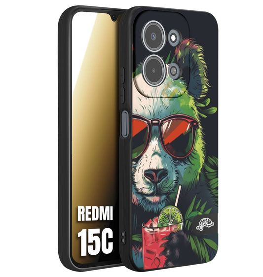 CUSTOMIZZA - Custodia cover nera morbida in tpu compatibile per Xiaomi Redmi 15C estate disegnata cocktails animali simpatici panda mojito