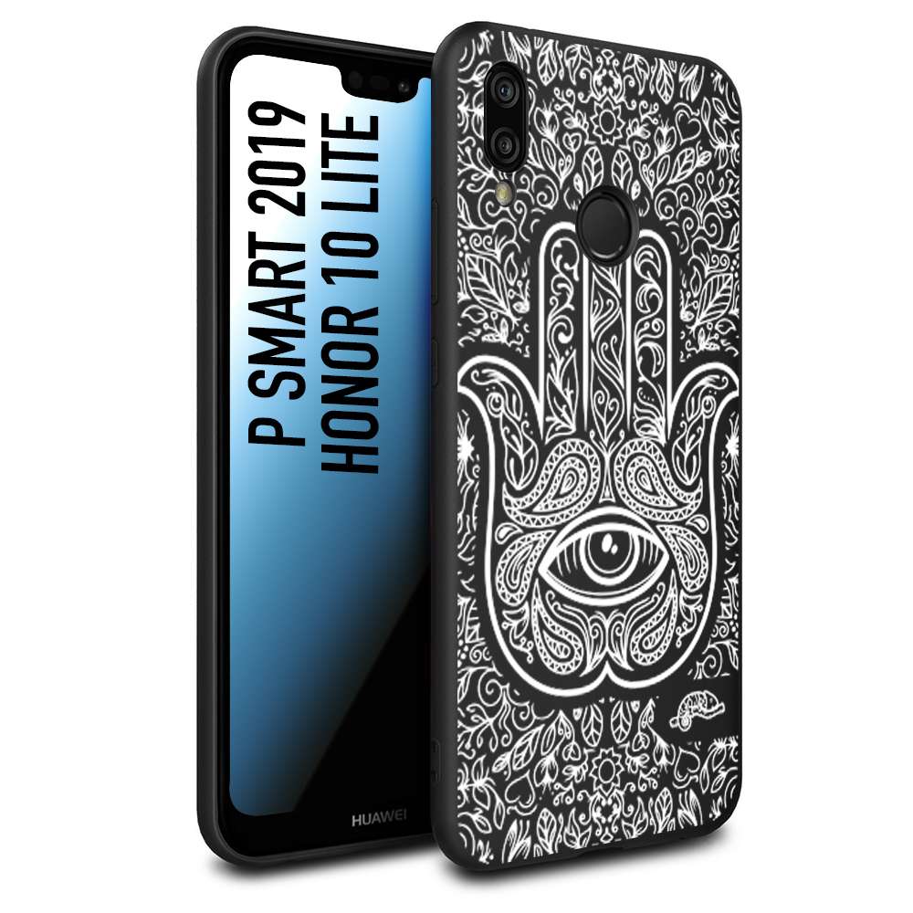 CUSTOMIZZA - Custodia cover nera morbida in tpu compatibile per Huawei P Smart 2019 mano di fatima effetto rilievo mandala donna