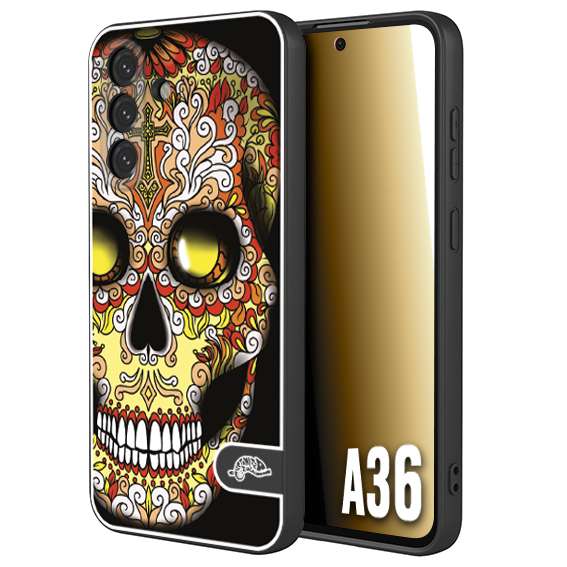 CUSTOMIZZA - Custodia cover nera morbida in tpu compatibile per Samsung A36 teschio messicano Mexican skull giallo rosso arancio