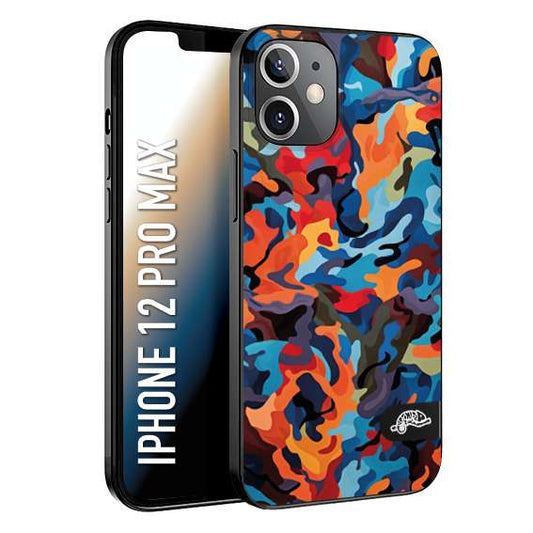 CUSTOMIZZA - Custodia cover nera morbida in tpu compatibile per iPhone 12 PRO MAX camouflage mimetico militare moderno blu arancio rosso