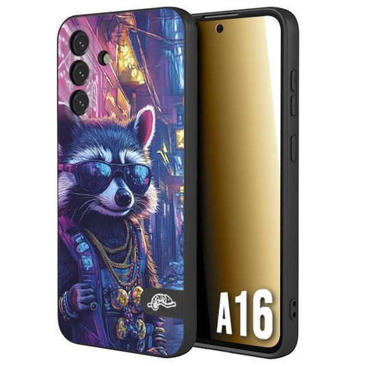 CUSTOMIZZA - Custodia cover nera morbida in tpu compatibile per Samsung A16 animali simpatici cyberpunk procione racoon street cat fucsia blu giallo