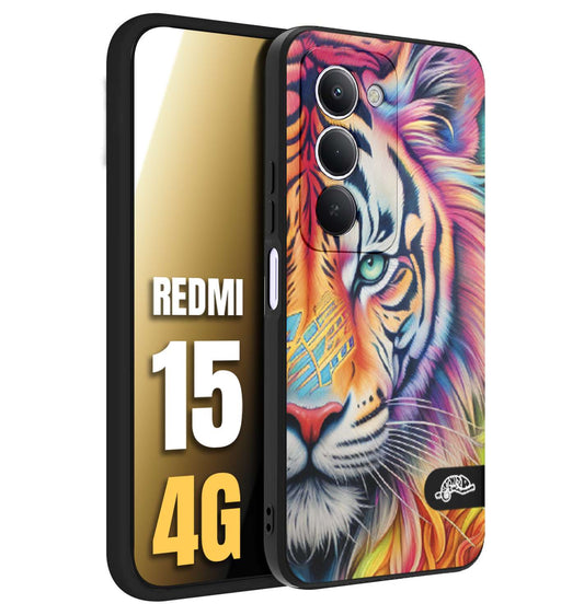 CUSTOMIZZA - Custodia cover nera morbida in tpu compatibile per Xiaomi Redmi 15 4G animali color tigre tiger viso colori vibranti disegnato schizzo