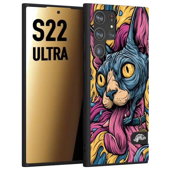 CUSTOMIZZA - Custodia cover nera morbida in tpu compatibile per Samsung S22 ULTRA Sphynx Colorato Pop Art Psichedelico Gatto Blu Rosa Giallo Artistica Fantasy