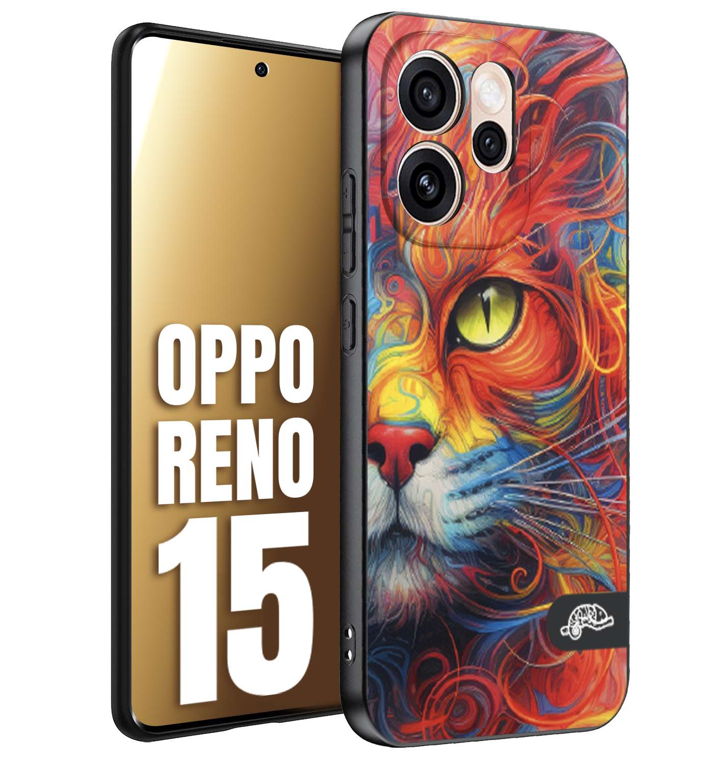 CUSTOMIZZA - Custodia cover nera morbida in tpu compatibile per Oppo Reno 15 animali color cat gatto viso colori vibranti disegnato schizzo