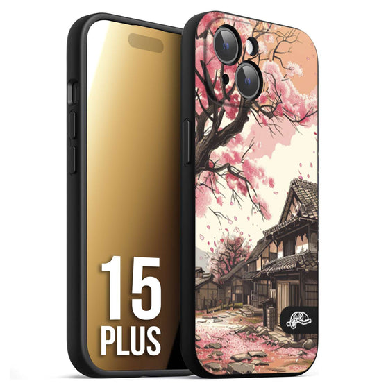CUSTOMIZZA - Custodia cover nera morbida in tpu compatibile per iPhone 15 PLUS casa giapponese rosa ciliegio in fiore disegnata tattoo