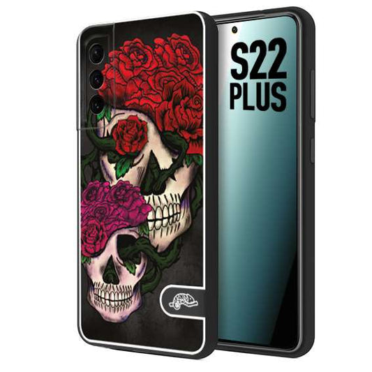 CUSTOMIZZA - Custodia cover nera morbida in tpu compatibile per Samsung S22 PLUS teschi e rose rosse fucsia skull and roses