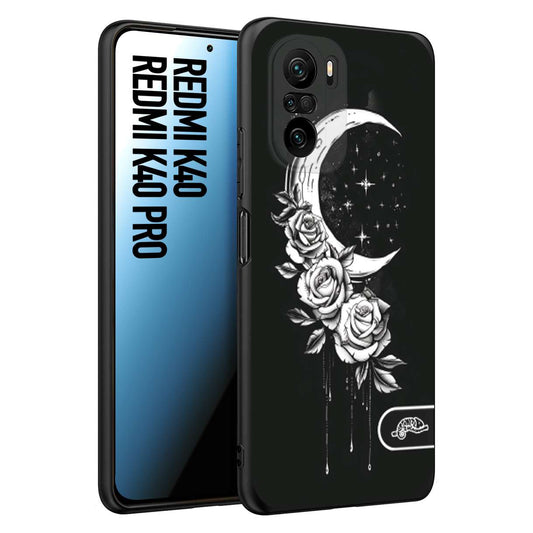 CUSTOMIZZA - Custodia cover nera morbida in tpu compatibile per Xiaomi Redmi K40 - K40 Pro luna e fiori moon flowers black and white bianco a rilievo disegnato tattoo tatuaggio