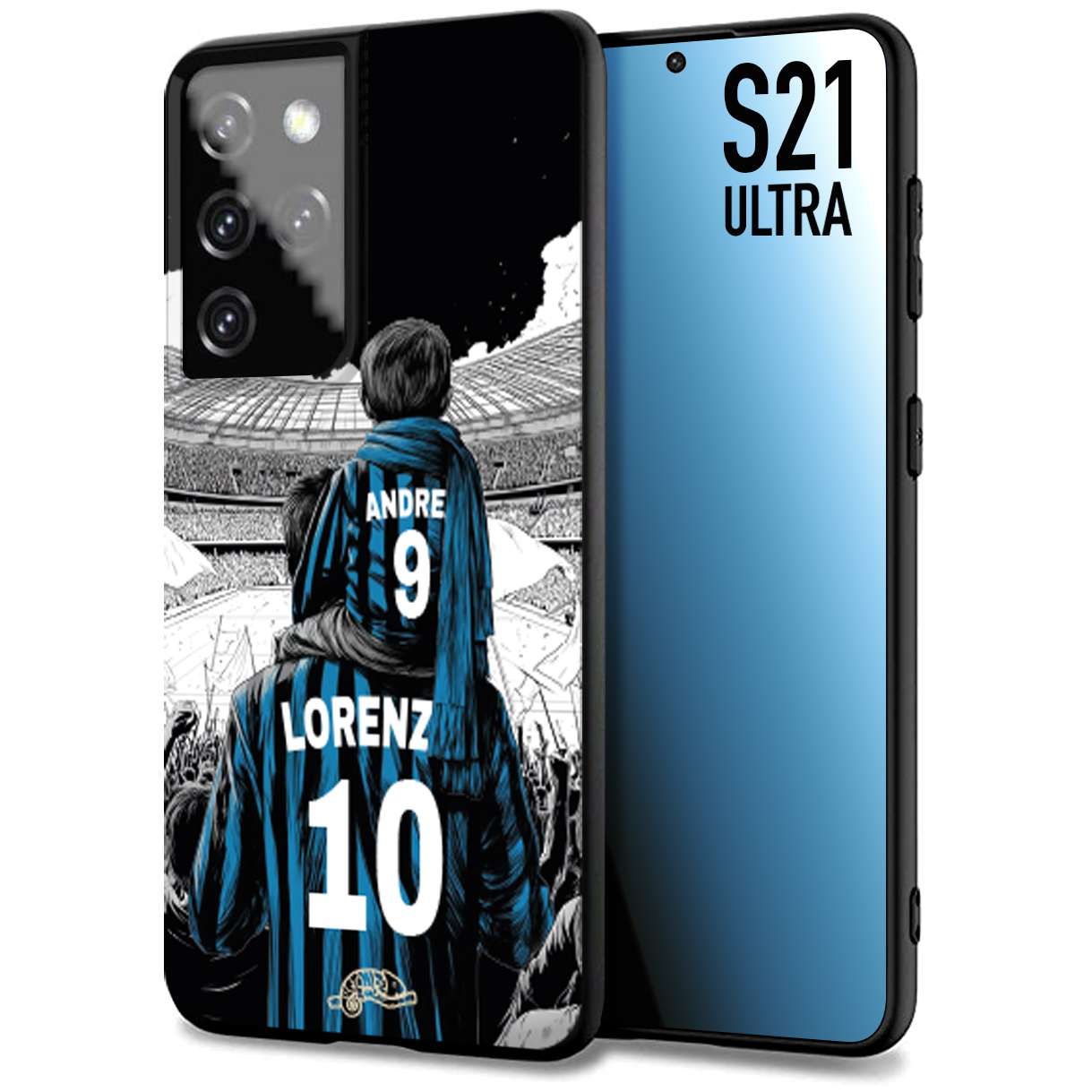 CUSTOMIZZA - Custodia cover nera morbida in tpu compatibile per Samsung S21 ULTRA personalizzata calcio football padre e figlio calciatori nerazzurra