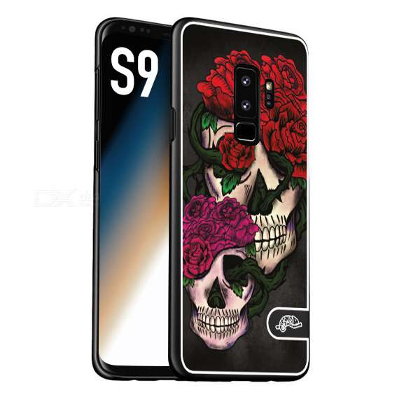 CUSTOMIZZA - Custodia cover nera morbida in tpu compatibile per Samsung S9 teschi e rose rosse fucsia skull and roses