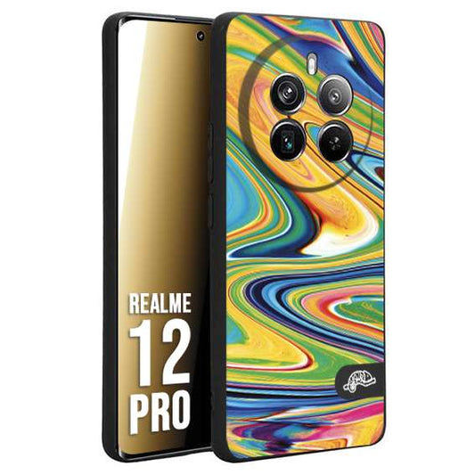 CUSTOMIZZA - Custodia cover nera morbida in tpu compatibile per Realme 12 PRO colorata fantasia vortice marmo arcobaleno gialla verde blu