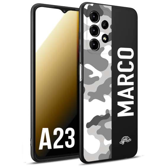 CUSTOMIZZA - Custodia cover nera morbida in tpu compatibile per Samsung A23 camouflage mimetico militare personalizzata nome bianco