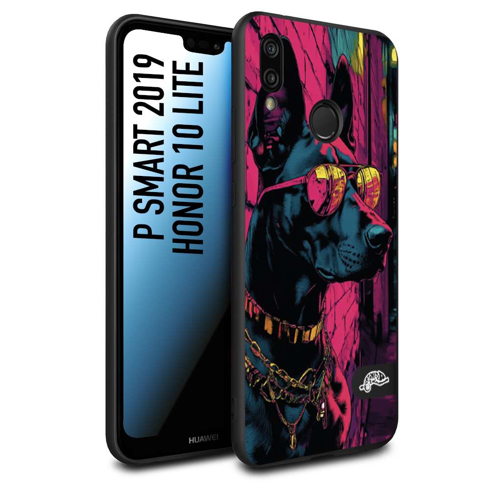 CUSTOMIZZA - Custodia cover nera morbida in tpu compatibile per Huawei P Smart 2019 animali cyberpunk dobermann cane street dog fucsia blu