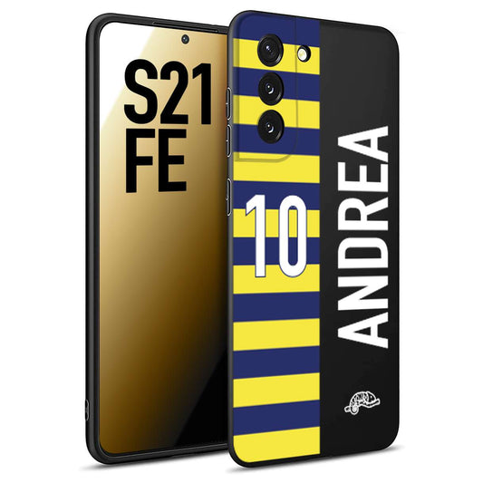 CUSTOMIZZA - Custodia cover nera morbida in tpu compatibile per Samsung S21 FE personalizzata calcio football nome e numero calciatori giallo blu