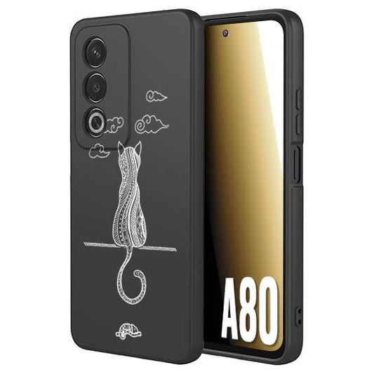 CUSTOMIZZA - Custodia cover nera morbida in tpu compatibile per Oppo A80 gatto mandala stilizzato gattino a rilievo soft touch donna bianca