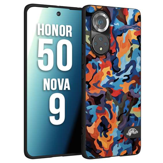 CUSTOMIZZA - Custodia cover nera morbida in tpu compatibile per Huawei Nova 9 - Honor 50 camouflage mimetico militare moderno blu arancio rosso