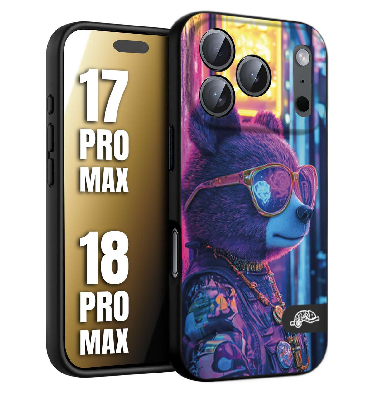 CUSTOMIZZA - Custodia cover nera morbida in tpu compatibile per iPhone 17 PRO MAX - 18 PRO MAX animali cyberpunk orsetto orso street bear fucsia blu night