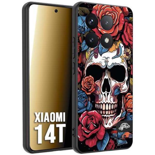 CUSTOMIZZA - Custodia cover nera morbida in tpu compatibile per Xiaomi 14T teschio skull flowers fiori rose rosse tattoo disegnato